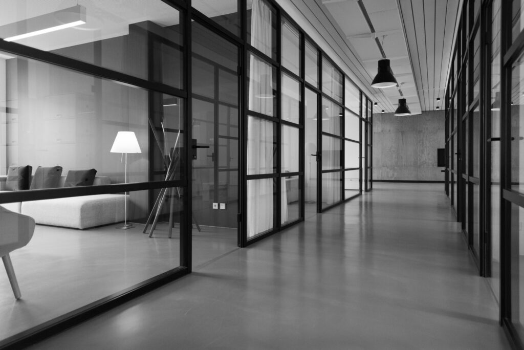 black and white photo of offices